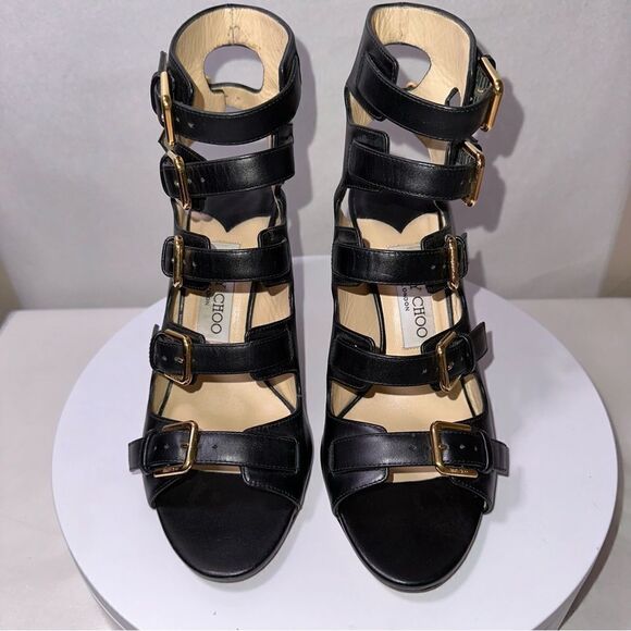 Jimmy Choo Trick Buckle Gladiator Sandals Heels. Size 37. Black leather. - Picture 3 of 12